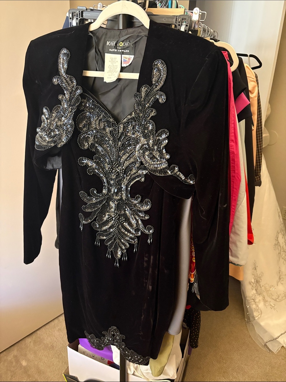 Karen Okada for David Howard- Black, beaded Velvet dress with jacket